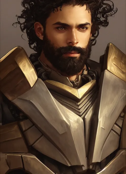 Image similar to medium-length portrait of a male paladin with short curly hair and a dark beard, dark brown skin, happy expression, wears a suit of power armor, gundam, medieval setting, highly detailed, digital painting, artstation, concept art, sharp focus, illustration, art by greg rutkowski and alphonse mucha