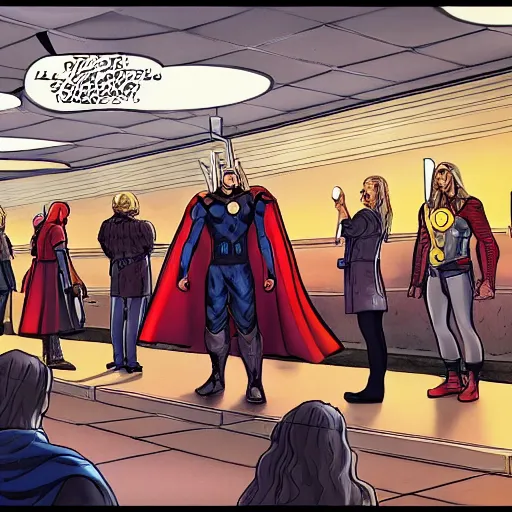 Prompt: thor waiting in line at the DMV, marvel's thor, long line, DMV, waiting, high detail, 4k