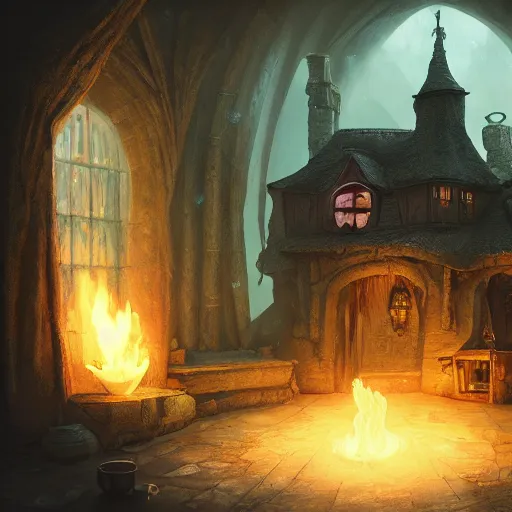 Prompt: interior witch's house with a cauldron smoking, one crow, fantasy art, in the style of greg rutkowski, illustration, epic, fantasy, cinematic, intricate, hyper detailed, artstation, concept art, smooth, sharp focus, ray tracing