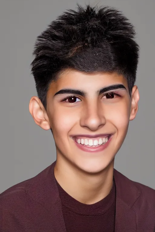 Prompt: close up headshot of an androgynous Hispanic teen male with medium length slightly wavy black hair a wide smile brown eyes a small nose tidy plucked eyebrows dark brown eyes and a diamond shaped face, high resolution film still, 8k, HDR color, gazing dark brown eyes, high cheek bones, trimmed eyebrows