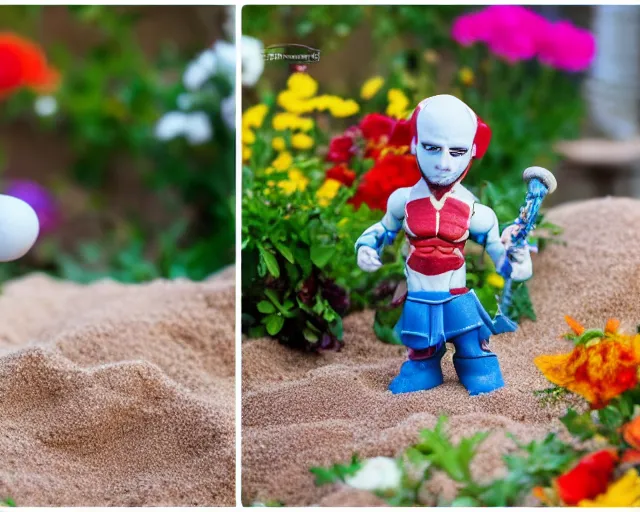 Prompt: 8 5 mm food photography of a kratos toy near a garden with sand with dof and bokeh and flowers o