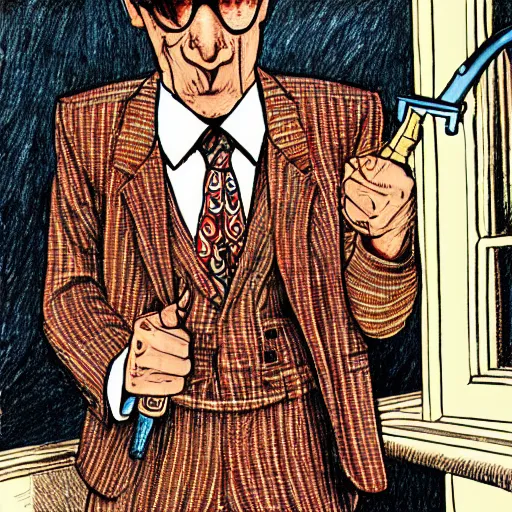 Image similar to The Artwork of R. Crumb and his Cheap Suit The-Godfather-with-a-gun, pencil and colored marker artwork, trailer-trash lifestyle