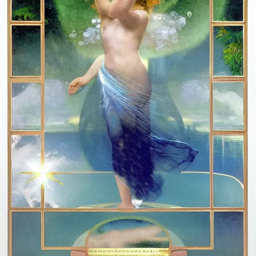 Image similar to The maze, refracted sparkles, thunderstorm, greek pool, beach and Tropical vegetation on the background major arcana sky, by paul delaroche, alphonse mucha and arnold böcklin, hyperrealistic symmetrical 8k, award-winning, very very very detailed