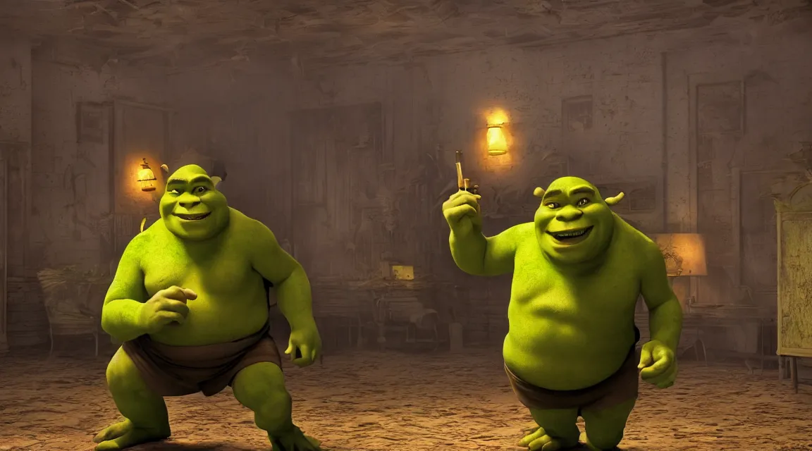 Prompt: Shrek tearing up a hotel room, octane render, epic composition, cinematic lighting, screenshot from pulp fiction