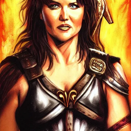 Prompt: Lucy Lawless as Xena: Warrior Princess, highly detailed, portait, character art by Fiona Staples.