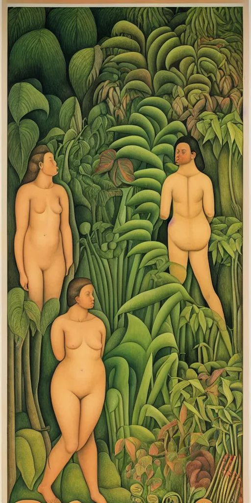 Prompt: 1980 naturist garden movie poster, drawings in part by Diego Rivera, part by Ernst Haekl, text by William S Boroughs, written by Michael Ende
