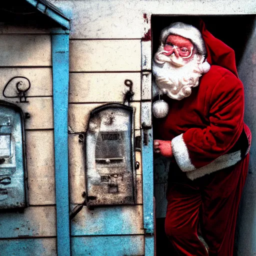 Image similar to glamour shot of a creepy Santa in the alleyway behind a dumpster from David Lynch's Christmas movie. The Santa has weird off-putting eyes. Soft lighting, film grain, VHS copy