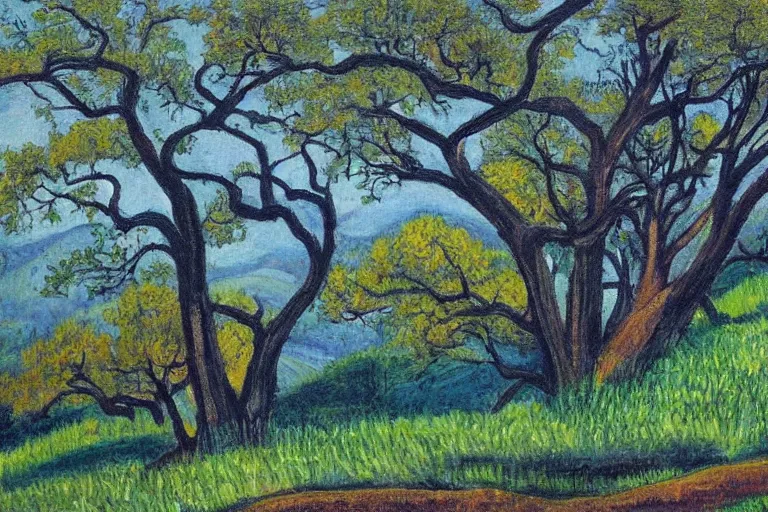 Image similar to masterpiece painting of oak trees on a hillside overlooking a creek, dramatic lighting, by dorothy p. lathrop