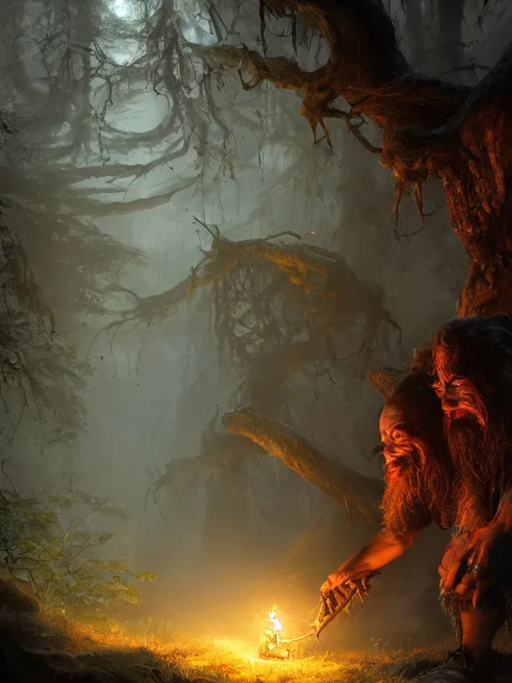 Image similar to Frightened Huntsman High Fantasy Dwarf treading through Haunted Forest with Glowing Lights, RPG Portrait Reference, Oil Painting, Trending on Artstation, octane render, Insanely Detailed, 8k, HD