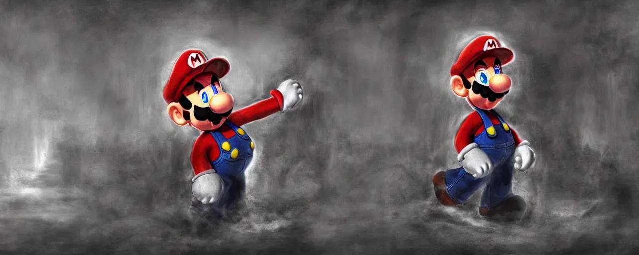 Image similar to concept art of mario from super mario bros lost in silent hill, resident evil, horror, occult, terror, mist, volumetric render, digital painting, detailed painting