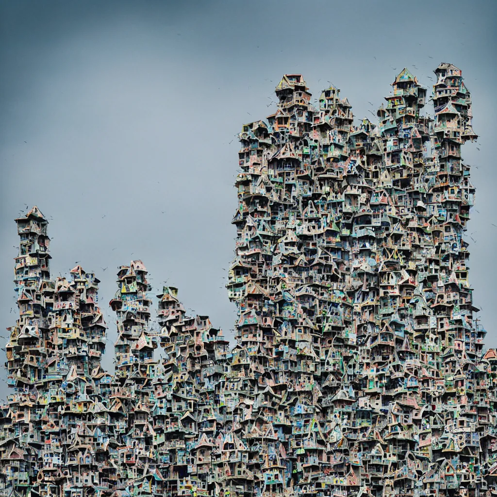 Image similar to close - up swarm of towers made up of colourful squatter shacks, bleached colours, plain uniform off white sky, dystopia, mamiya, very detailed, ultra sharp, photographed by john chiara