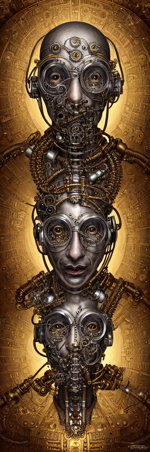 Image similar to seamless pattern of steampunk cybernetic biomechanical gandhi, symmetrical, front facing, 3 d model, very coherent symmetrical artwork, unreal engine realistic render, 8 k, micro detail, gold and steel intricate, elegant, highly detailed, digital painting, artstation, smooth, sharp focus, illustration, artgerm, tomasz alen kopera, wlop