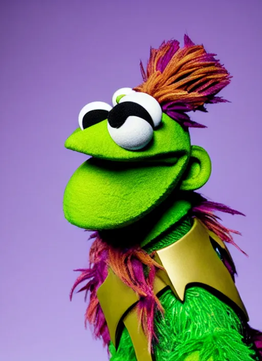 Image similar to studio portrait still of muppet!!!!! loki!!!!!! from avengers infinity war with scepter as a muppet muppet as a muppet, 8 k, studio lighting, key light,