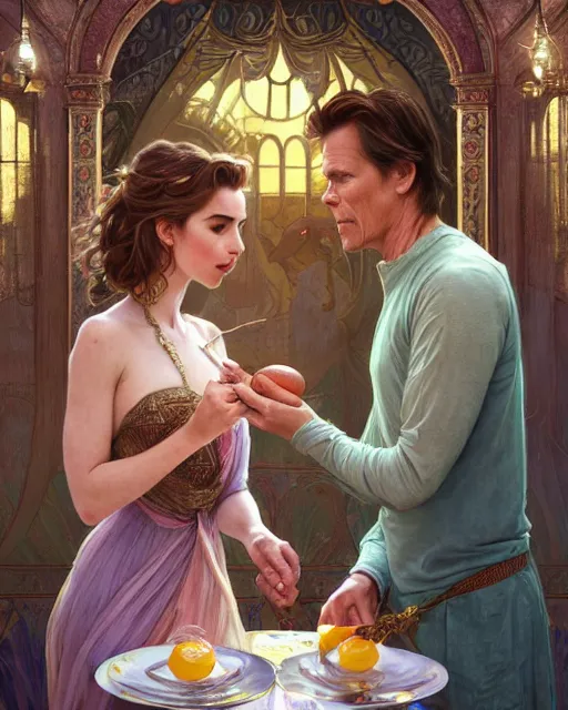 Image similar to kevin bacon eating fried eggs ana de armas serving him his eggs, highly detailed, gold filigree, romantic storybook fantasy, soft cinematic lighting, award, disney concept art watercolor illustration by mandy jurgens and alphonse mucha and alena aenami, pastel color palette, featured on artstation