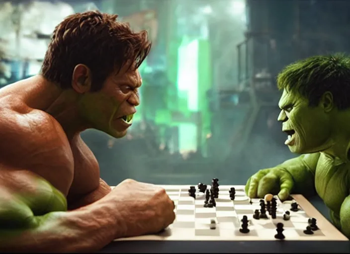 Image similar to film still of hulk playing checkers in the new avengers movie, 4 k