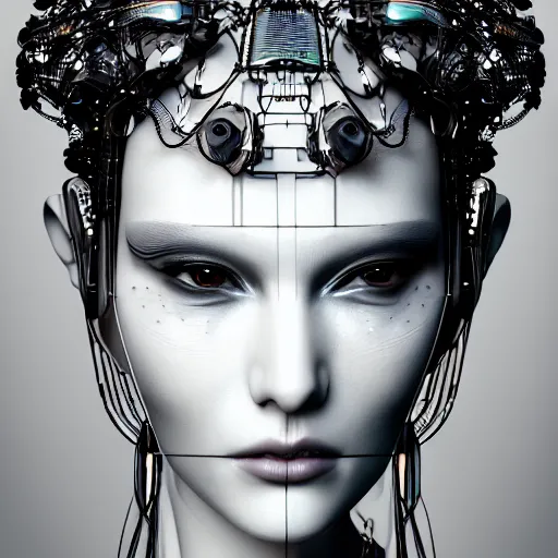 Prompt: closeup portrait of an absurdly beautiful, graceful, sophisticated, fashionable cyberpunk mechanoid gravure idol, an ultrafine hyperdetailed illustration by irakli nadar, matt wisniewski style, fashion photography, intricate linework, porcelain skin, jellyfish headdress, unreal engine 5 highly rendered, global illumination, radiant light, detailed and intricate environment
