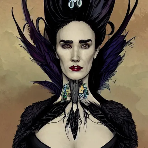 Image similar to Jennifer Connelly as dark fae gothic atompunk evil Disney villain queen with black feather hair, feathers growing out of skin, shedding feathers, in front of space station window, Mike mignola, trending on artstation, comic book cover, illustration