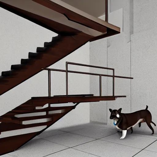 Image similar to bull terrier bounces up stairs rendered in unreal engine