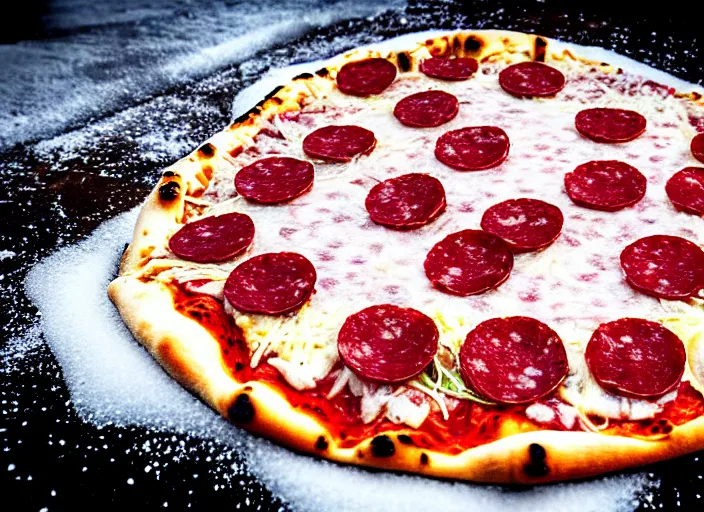 Prompt: clear highly detailed photorealistic food photograph of a wood oven cooked pizza half frozen in ice with salami pepperoni lying in the snow