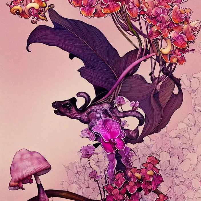 Image similar to psychedelic animal made of orchid and cherry blossom tree and mushroom, LSD, diffuse lighting, fantasy, intricate, elegant, highly detailed, lifelike, photorealistic, digital painting, artstation, illustration, concept art, smooth, sharp focus, art by John Collier and Albert Aublet and Krenz Cushart and Artem Demura and Alphonse Mucha