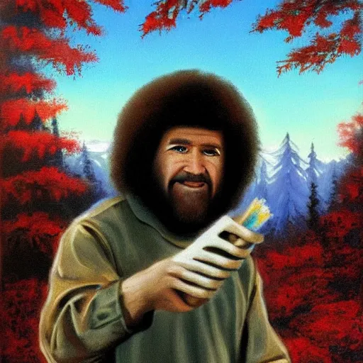 Prompt: Human-wolf, holding brush, artwork by Bob Ross,