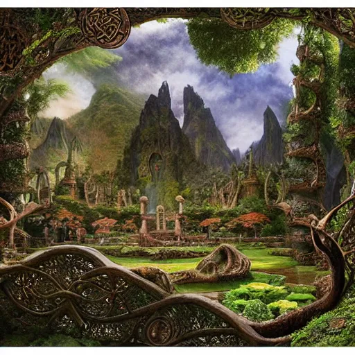 Image similar to a beautiful and highly detailed matte painting of an elven temple in a magical fantasy garden in a lush forest in the mystical mountains, celtic knots, intricate details, epic scale, insanely complex, 8 k, sharp focus, hyperrealism, very realistic, by caspar friedrich, albert bierstadt, james gurney, brian froud,