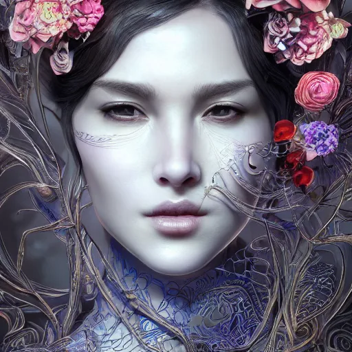 Image similar to the face of an absurdly beautiful, graceful, elegant, sophisticated mature woman of blueberries, an ultrafine hyperdetailed illustration by kim jung gi, irakli nadar, intricate linework, bright colors, octopath traveler, final fantasy, unreal engine 5 highly rendered, global illumination, radiant light, detailed and intricate environment