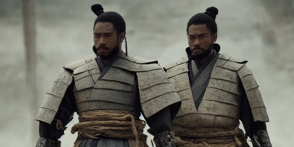 Image similar to a film still of a light skinned black man starring as an ancient samurai in a japanese blockbuster film, shallow depth of field, cinematic, award winning cgi, vfx, film still