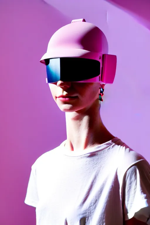 Image similar to a high definition film photograph of a normal androgynous robot human wearing a plain white t - shirt, in a pastel pink room. happy. visor covering eyes. crushed shadows.