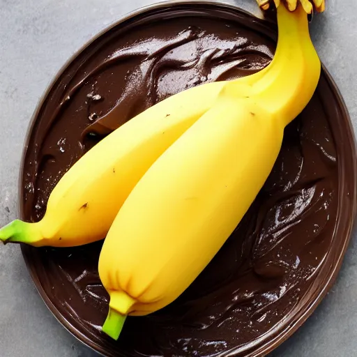 Prompt: plastic banana, shiny, dripping chocolate on top,