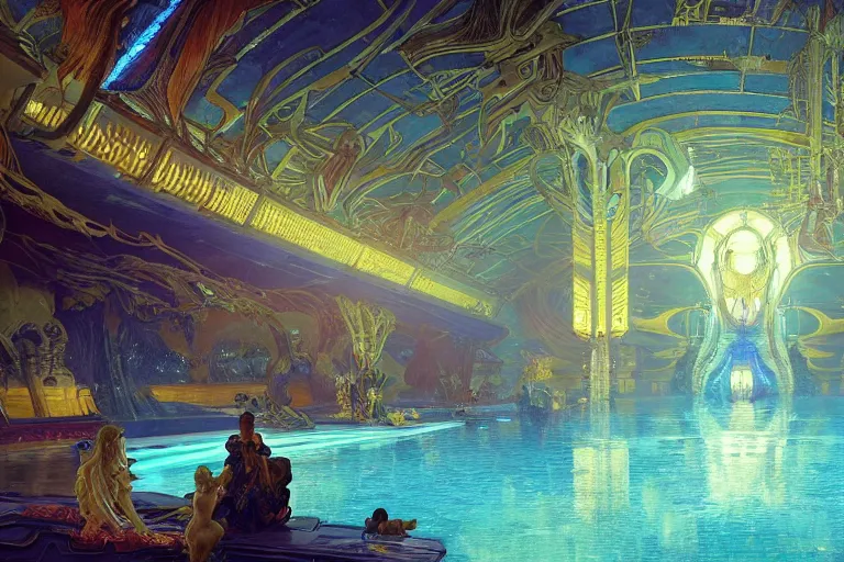 Image similar to Concept Digital Art Highly detailed Alien Art Deco Cybertron lazy river inside of the Palace of the Primes with glowing blue water at night by greg rutkowski, Ilya repin, alphonse mucha, and Edmund Blair Leighton. Very highly detailed 8K, octane, Digital painting, the golden ratio, rational painting