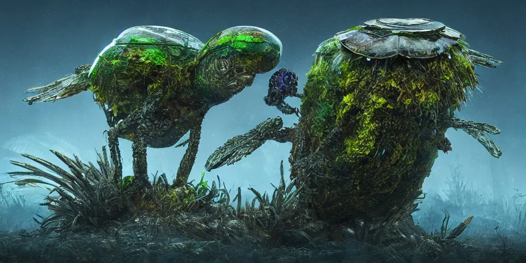 Image similar to a bird turtle mushroom jelly tractor hybrid creature monster with metal scales feathers fur moss spines knobs, rich diverse lush alien world, fantasy, science fiction, dramatic lighting, in the style of national geographic, ken barthelmey, illustration, octane render