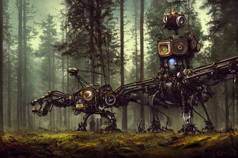 Image similar to steampunk mech standing in a swedish forest, very low angle photograph, very detailed, trending on artstation, realistic, soft colors, simon stålenhag