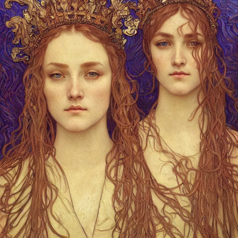 Image similar to detailed realistic beautiful young medieval queen face portrait by jean delville, alphonse mucha, vincent van gogh, and marco mazzoni, art nouveau, symbolist, visionary, gothic, pre - raphaelite