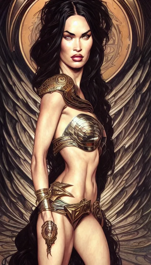 Image similar to megan fox as the goddess of chaos!! intricate elegant, highly detailed, digital painting, artstation, concept art, smooth, sharp focus, illustration, art by ( ( ( artgerm ) ) ) and greg rutkowski! and ( ( alphonse mucha ) ), heavily influenced by frank frazetta and boris vallejo