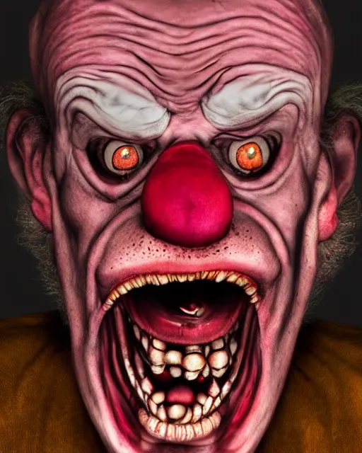 Image similar to portrait of an ugly old possessed clown crying. ugly, creepy, demonic, horror. cinematic lighting. photographic, photography. by justin roiland