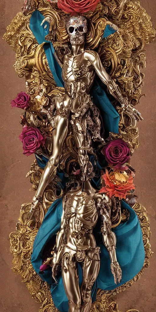 Prompt: a young handsome Spanish metal android with a large glowing red lit crystal in the center of his chest, full-body bronze cyberpunk style statue of Icarus with glowing purple eyes, crown of mechanical peach roses, flowing teal-colored silk, fabric, steampunk flowers. baroque elements, human skull. full-length view. baroque element. intricate artwork by caravaggio. many flying horses on background. Trending on artstation, octane render, cinematic lighting from the right, hyper realism, octane render, 8k, depth of field, 3D