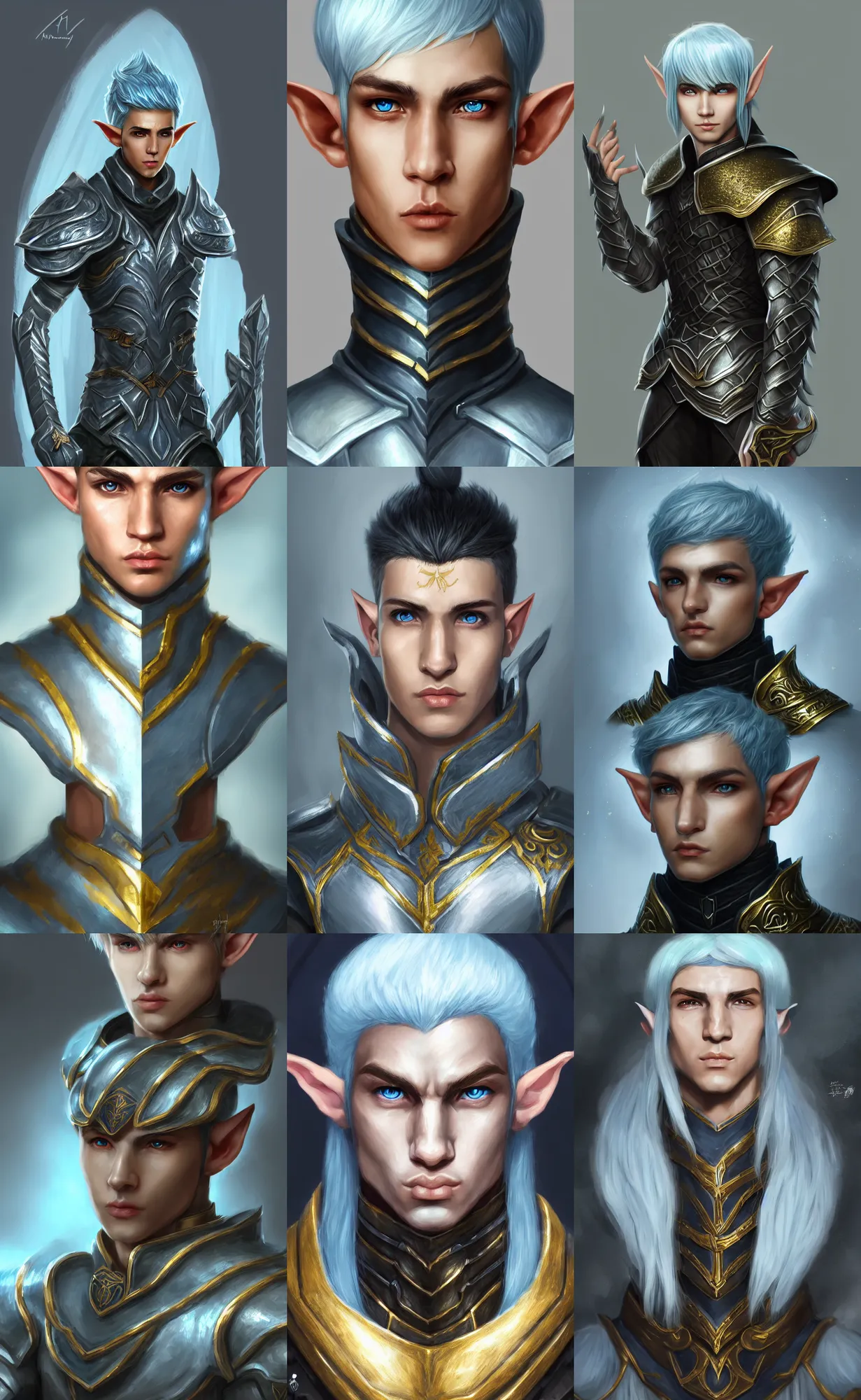 Prompt: A portrait of a male elf, he is about 20 years old, light blue skin, serious composure, short silver hair, prideful look, he is wearing black heavy armor with gold plating, highly detailed portrait, digital painting, ArtStation, concept art, smooth, sharp focus illustration, ArtStation HQ