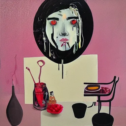 Image similar to “ a portrait in a female art student ’ s apartment, sensual, a pig theme, art supplies, paint tubes, ikebana, herbs, a candle dripping white wax, black walls, squashed berries, berry juice drips, acrylic and spray paint and oilstick on canvas, surrealism, neoexpressionism ”