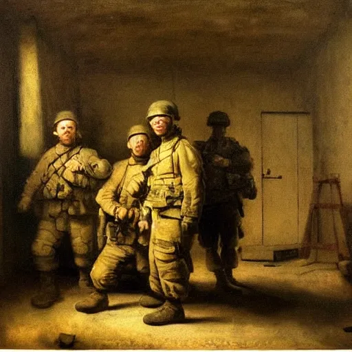 Prompt: american soldiers posing in a room, dark room, oil painting by rembrandt, masterpiece, detailed