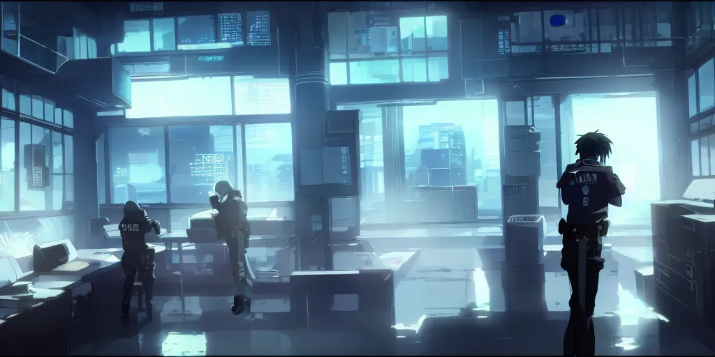 Image similar to an empty after hours cyberpunk police police office in the cyberpunk anime film, Shichiro Kobayashi, screenshot in the anime series ergo proxy ergo proxy and Detroit metal city, interior