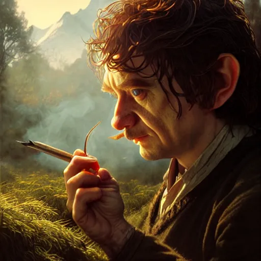 Image similar to A hobbit smoking meth, ultra realistic, concept art, intricate details, eerie, highly detailed, photorealistic, octane render, 8k, unreal engine, art by artgerm and greg rutkowski and alphonse mucha