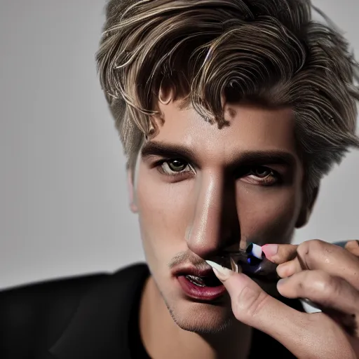 Image similar to a closeup photo of handsome gigachad xqc smoking a cigar, 8k photorealism, extremly detailed, trending on artstation