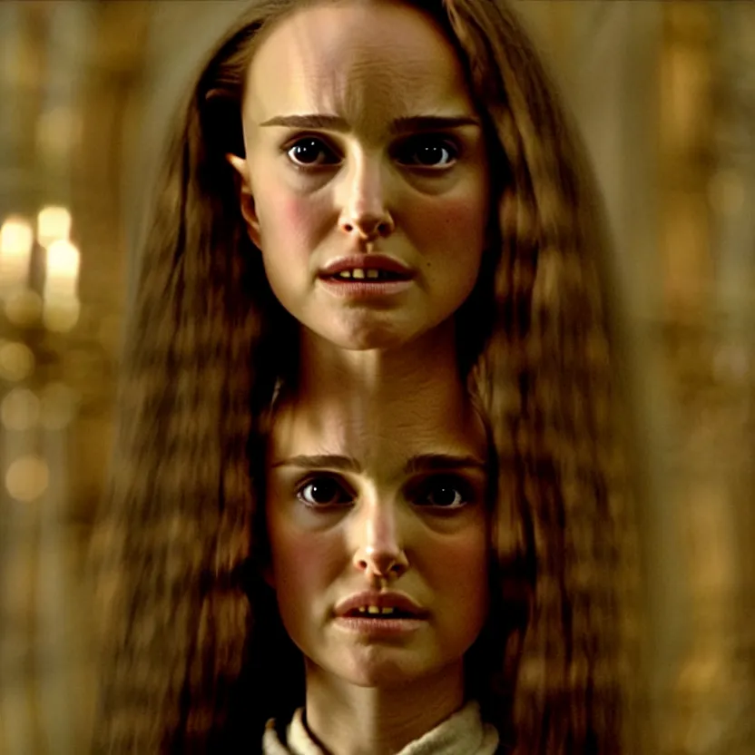 Image similar to natalie portman as hermione granger, ultra realistic, harry potter movie screenshot, cinematic, beautiful, sense of awe