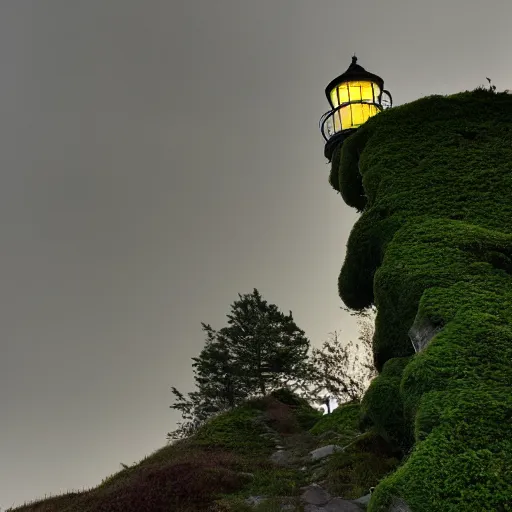 Image similar to photograph of a moss covered light house in the middle of a city on hills