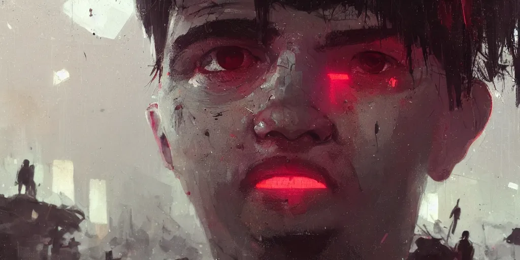 Prompt: extreme closeup on the eyes of a neon guard boy with short dark hair in front of a dystopian crowd with piles of garbage by Ismail inceoglu dragan bibin hans thoma, Perfect face, fine details, realistic shaded, fine-face, pretty face