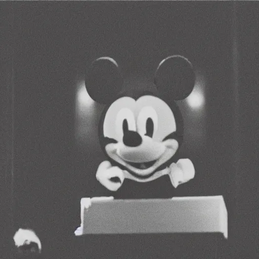 Prompt: grainy black and white photo of a mickey mouse cryptid