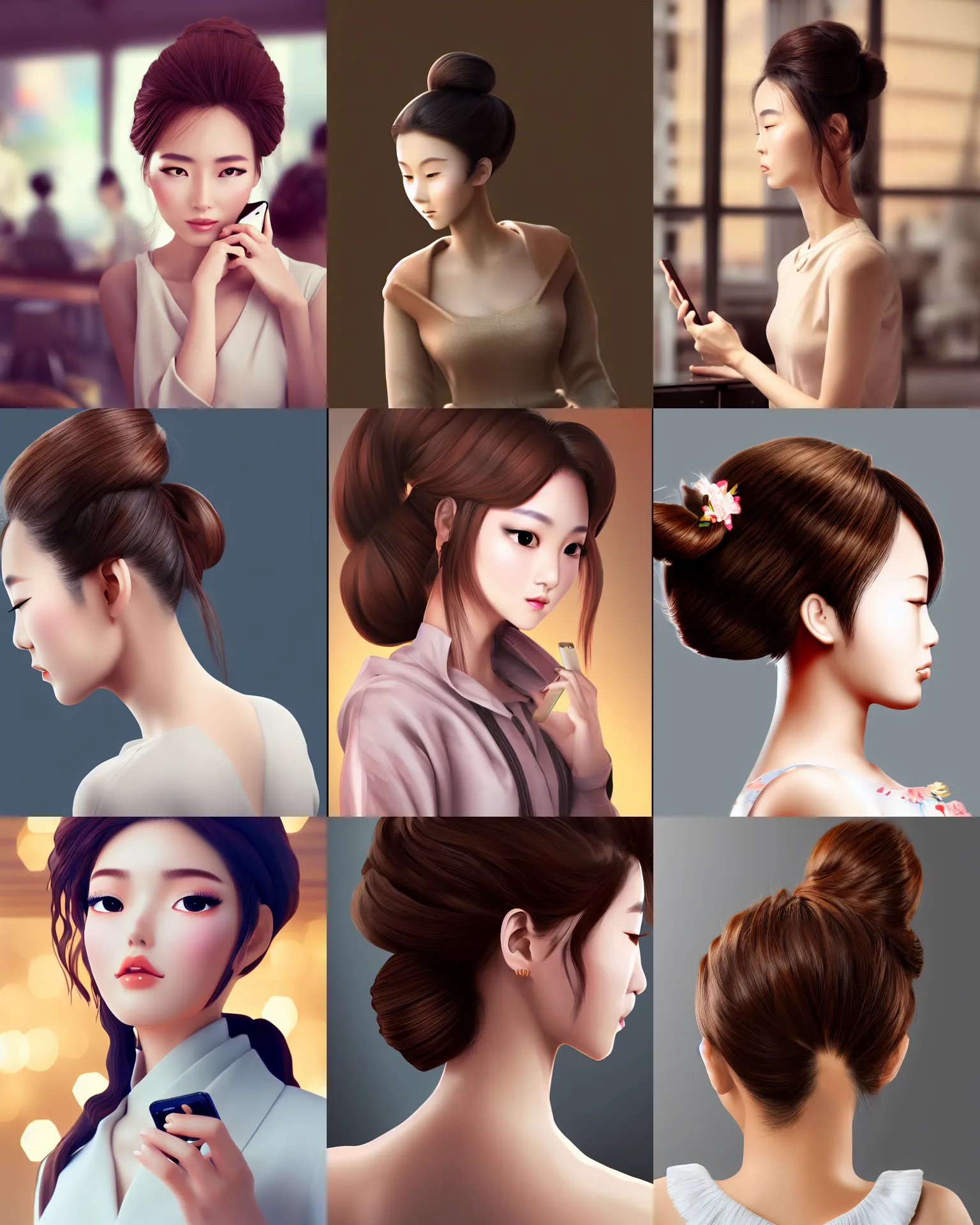 Image similar to light brown updo chinese beauty on the mobile phone facing the computer display, full body, wide angle lens, bokeh, artstation