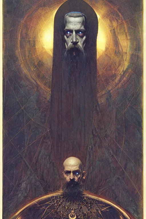 Image similar to an occult art portrait of john dee by wayne barlowe, gustav moreau, goward,  Gaston Bussiere and roberto ferri, santiago caruso, and austin osman spare