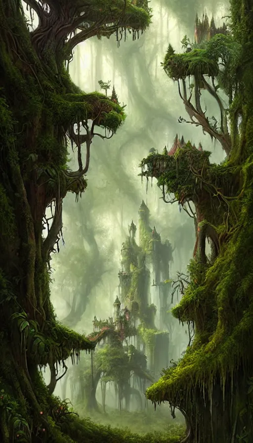 Image similar to fairy palace, castle towers, gnarly trees, lush vegetation, forest landscape, painted by tom bagshaw, raphael lacoste, eddie mendoza, alex ross concept art matte painting